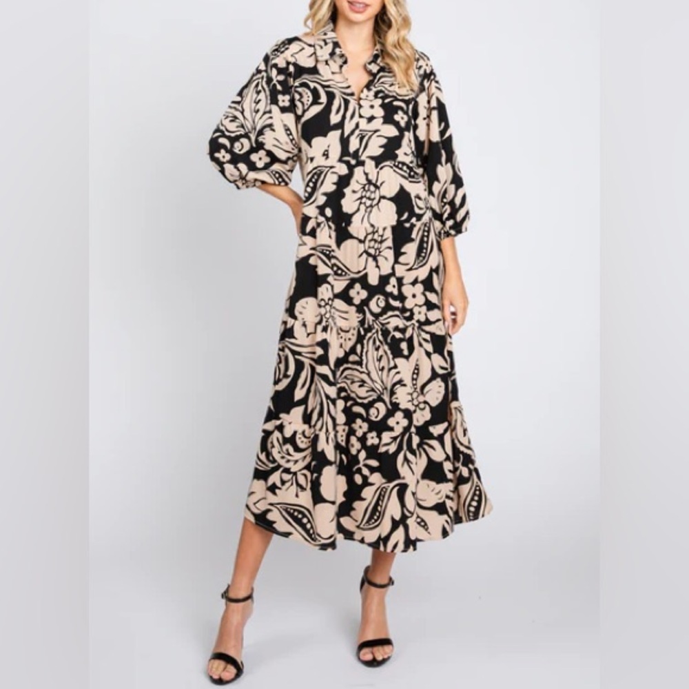 NWT Umgee Black Tan‎ Floral Tiered Collared Midi Dress Boho Cottage Chic L
